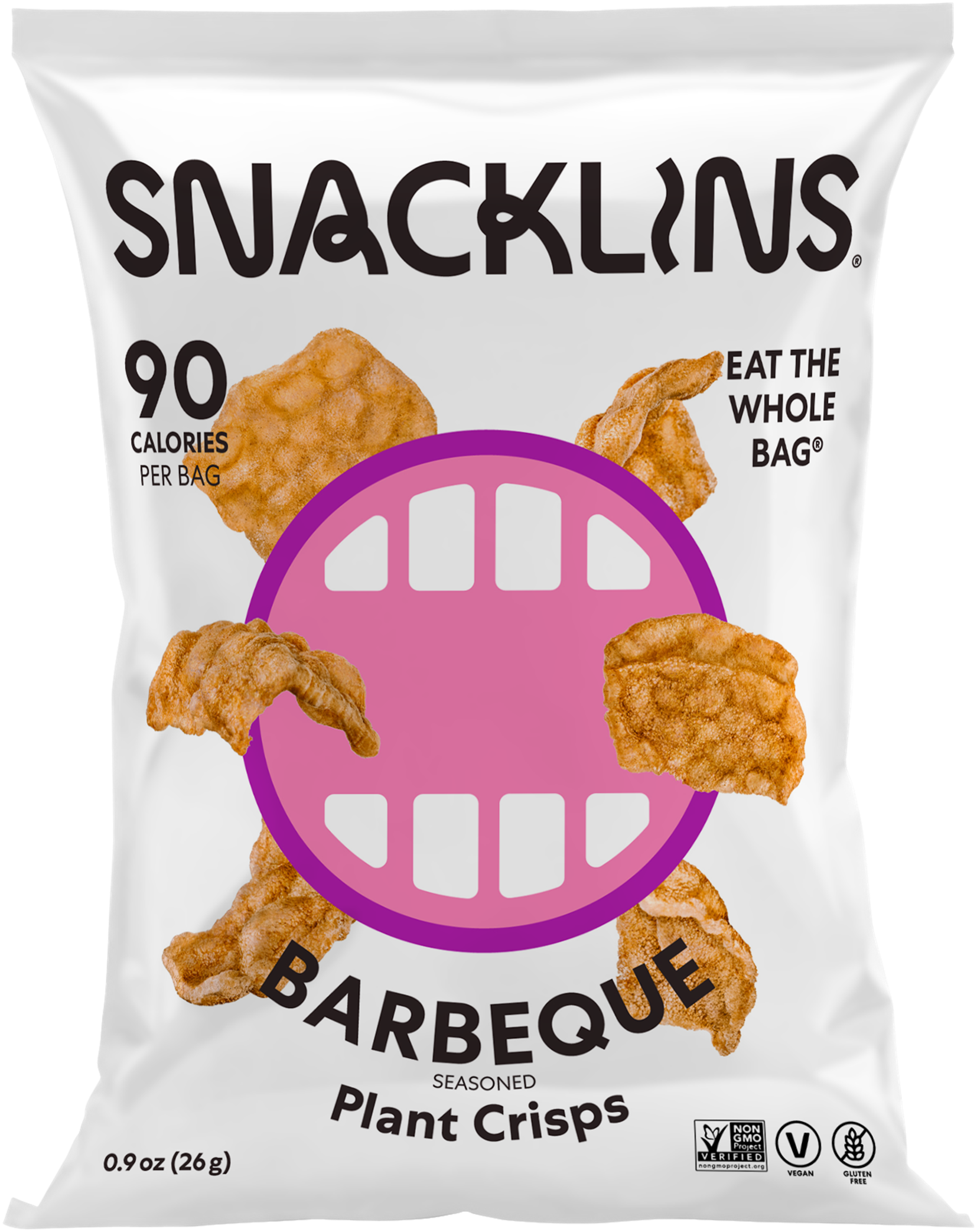 Snacklins Barbeque flavor in a 0.9 oz pack, isolated on a white background