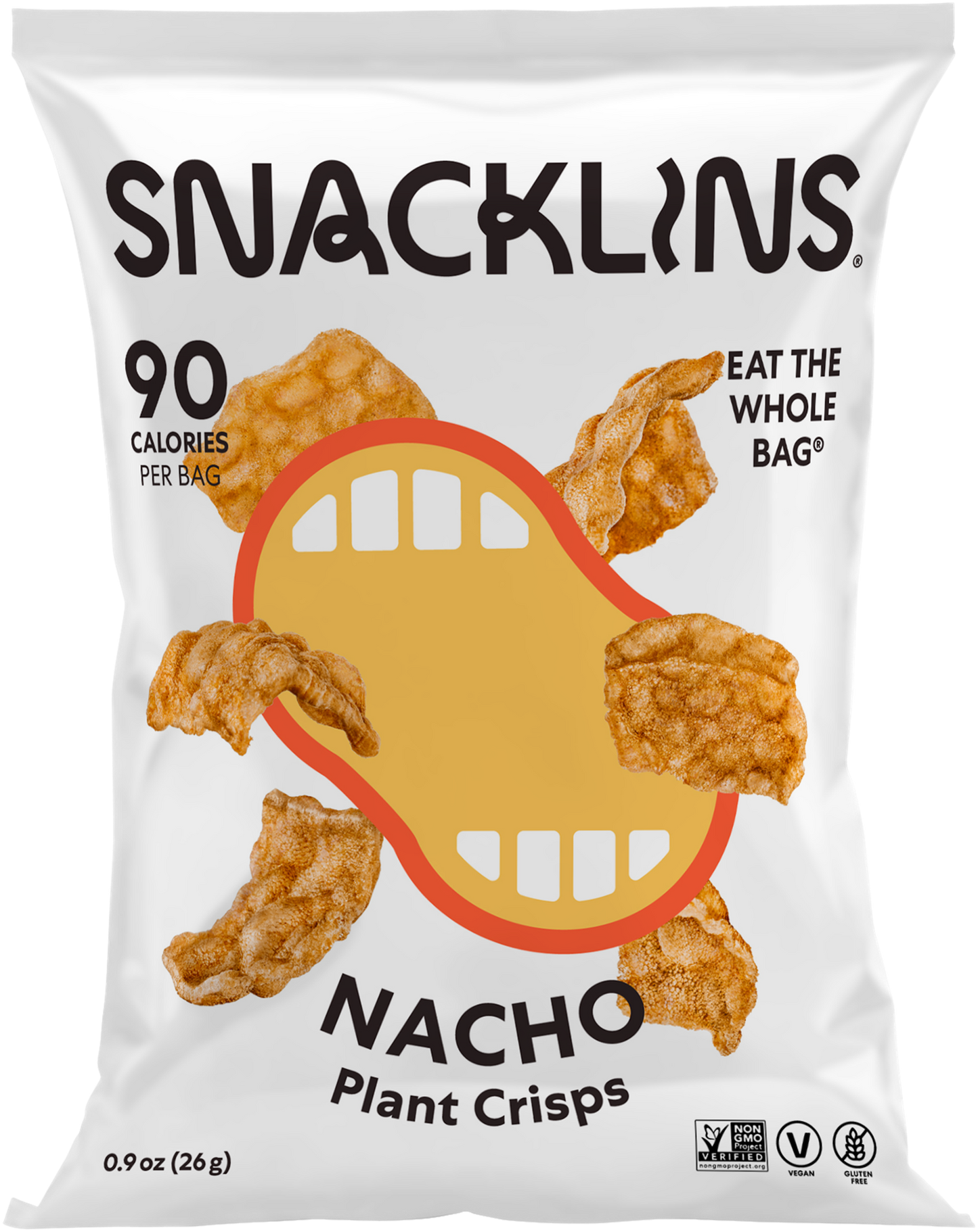 Snacklins Nacho flavor in a 0.9 oz pack, isolated on a white background