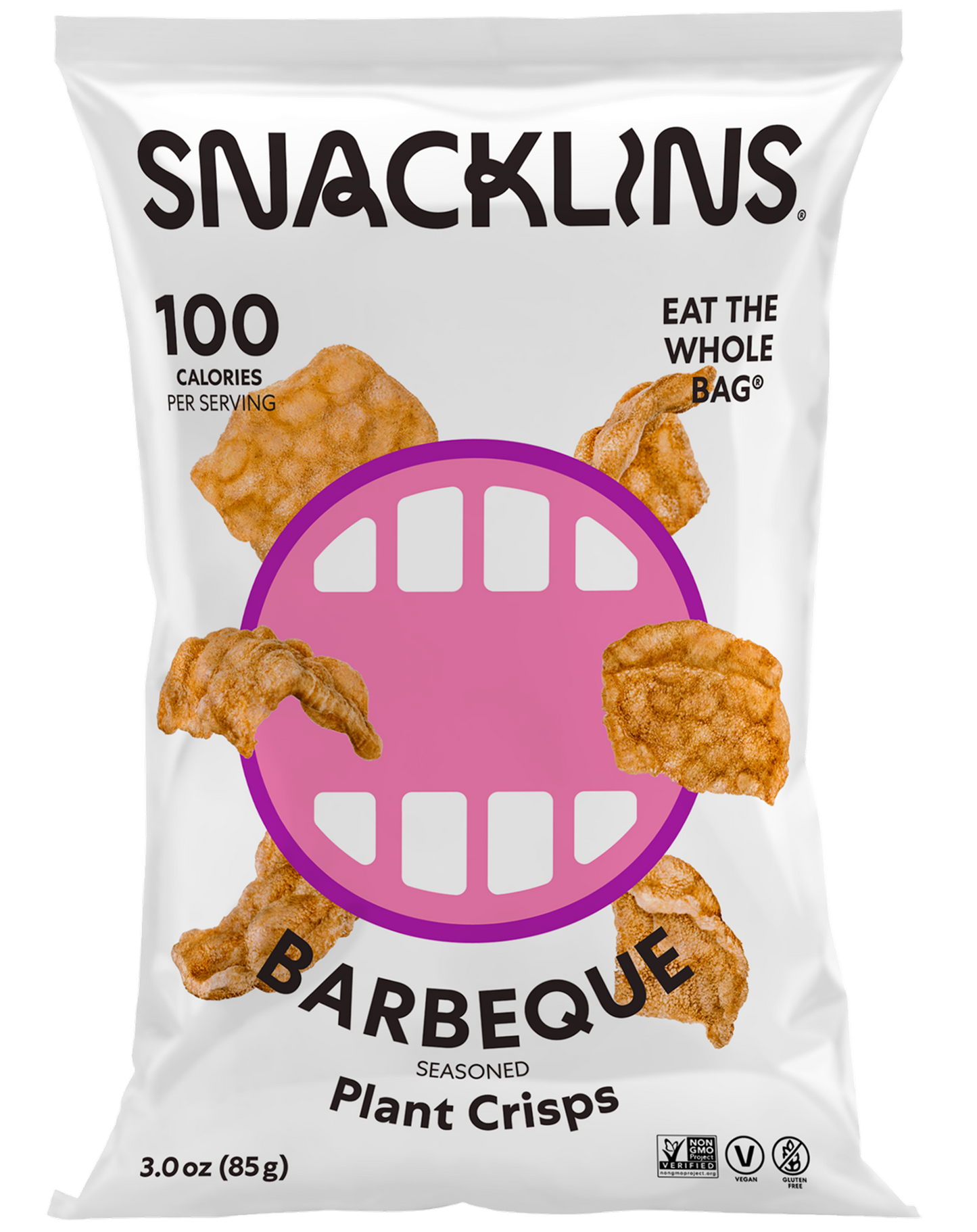 Snacklins Barbeque flavor in a 3 oz pack, isolated on a white background