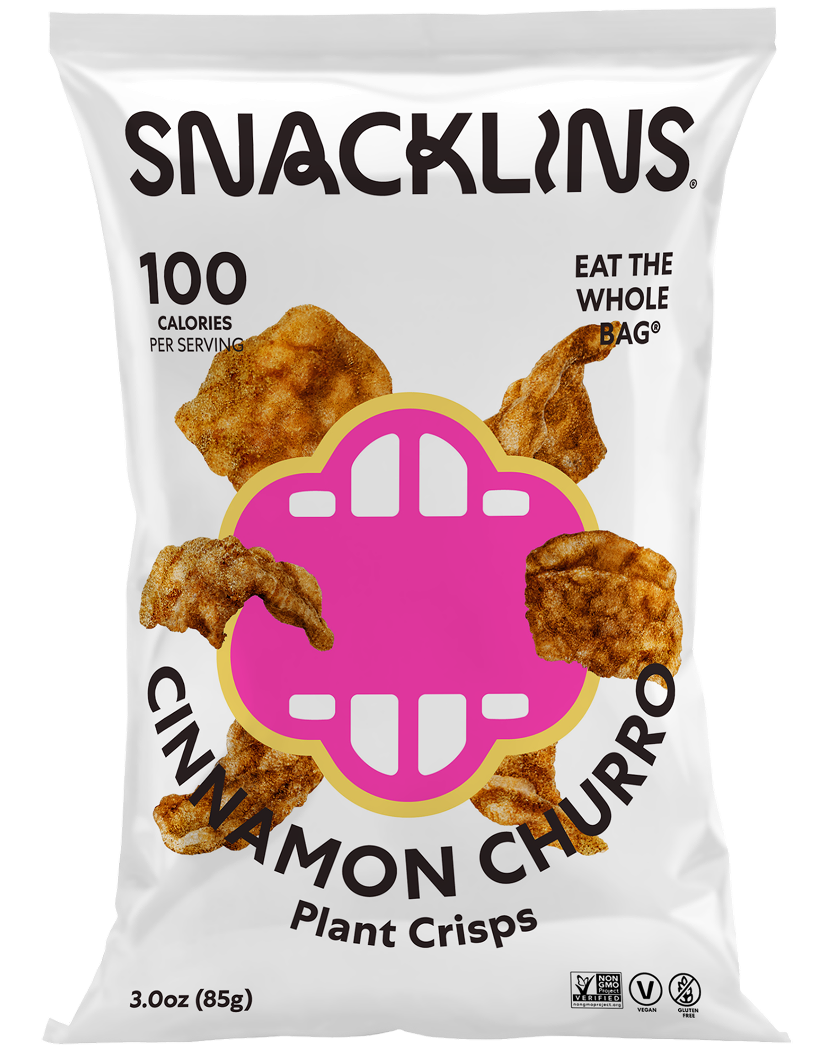 Snacklins Cinnamon Churro flavor in a 3 oz pack, isolated on a white background