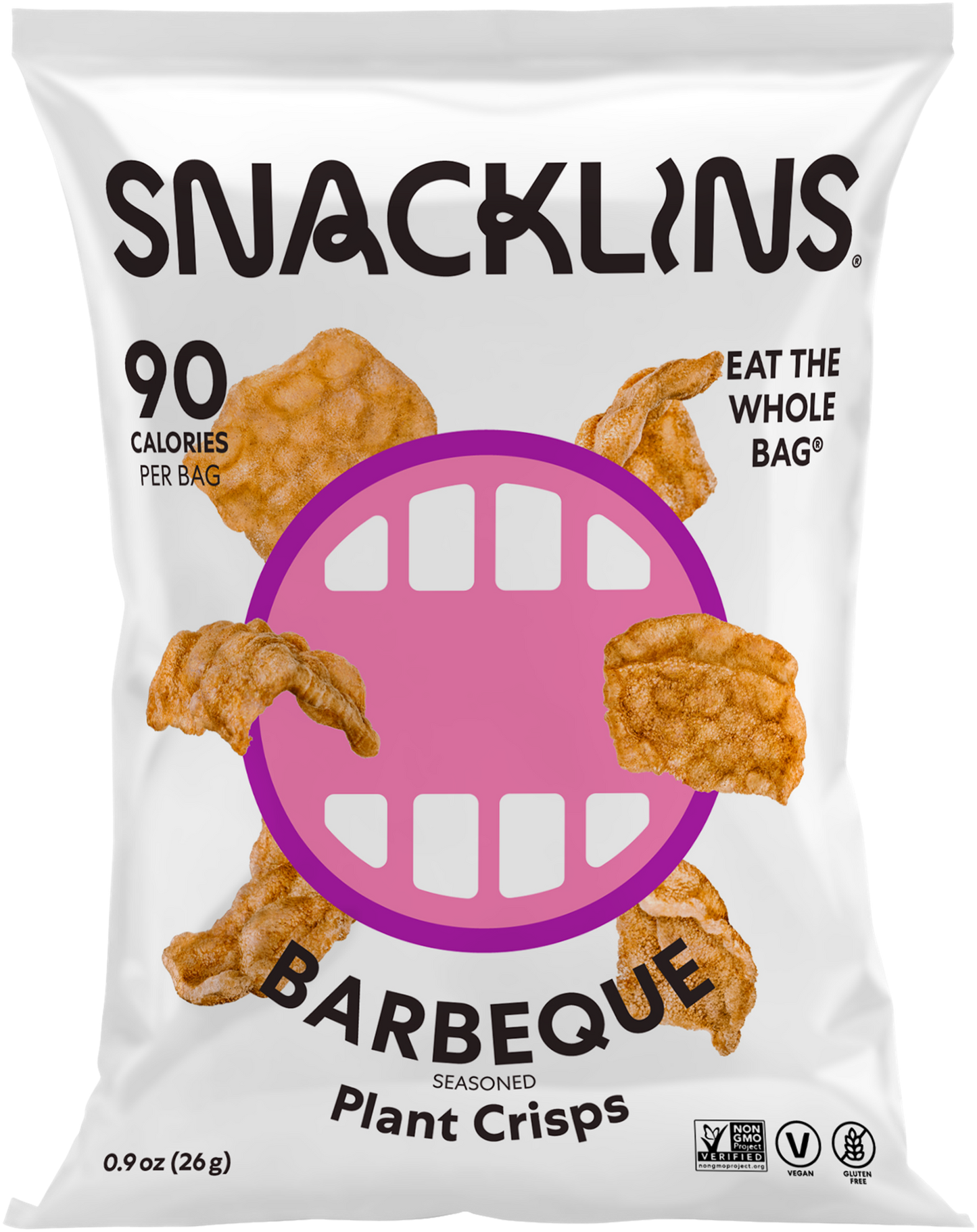 Snacklins Barbeque flavor in a 0.9 oz pack, isolated on a white background
