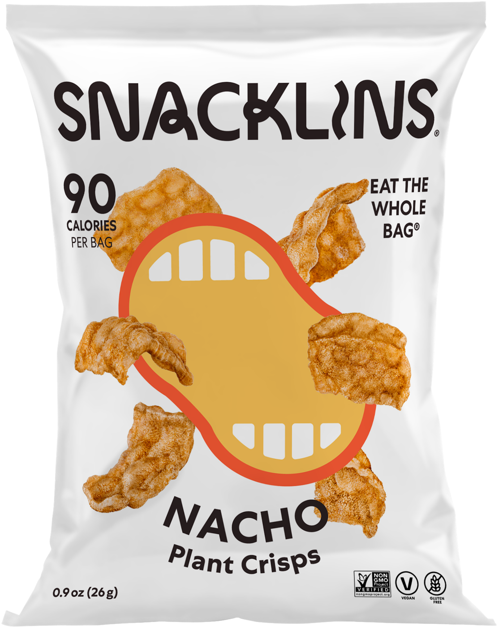 Snacklins Nacho flavor in a 0.9 oz pack, isolated on a white background