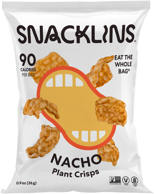 Snacklins Nacho flavor in a 0.9 oz pack, isolated on a white background