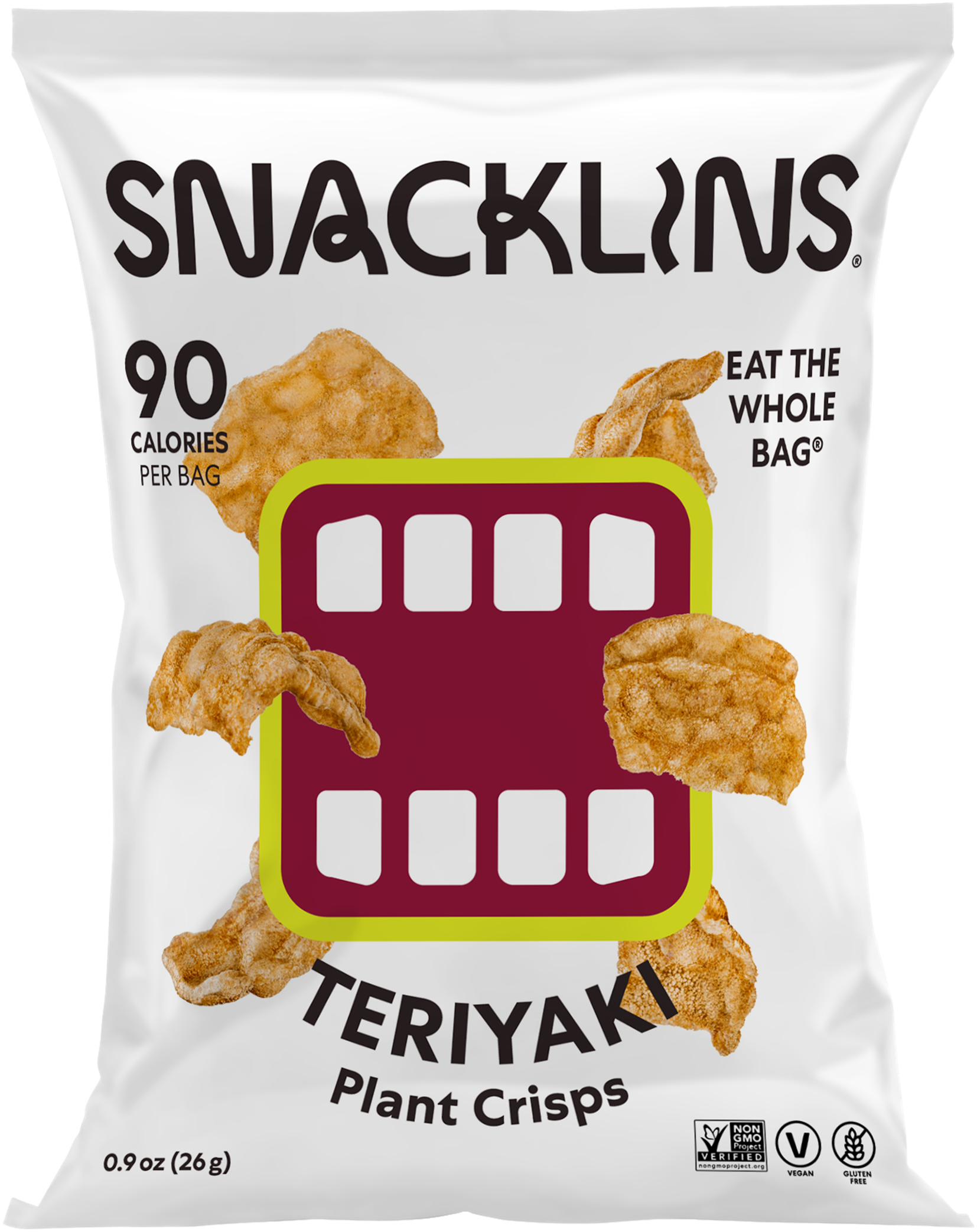 Snacklins Teriyaki flavor in a 0.9 oz pack, isolated on a white background