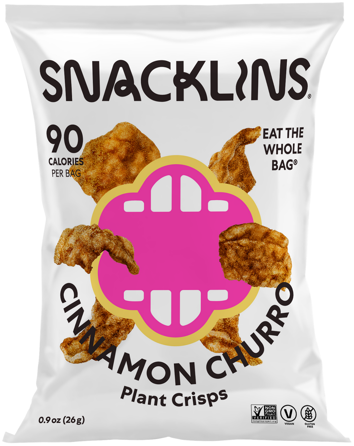 Snacklins Cinnamon Churro flavor in a 0.9 oz pack, isolated on a white background