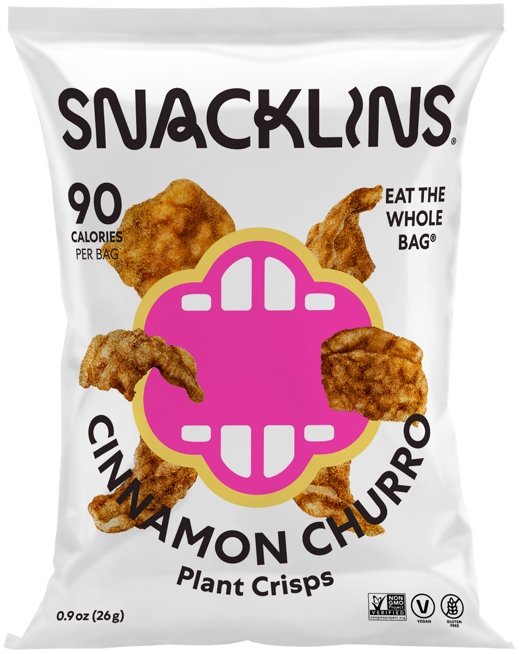 Snacklins Cinnamon Churro flavor in a 0.9 oz pack, isolated on a white background