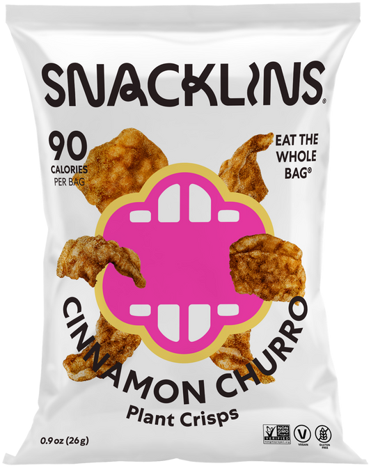 Snacklins Cinnamon Churro flavor in a 0.9 oz pack, isolated on a white background