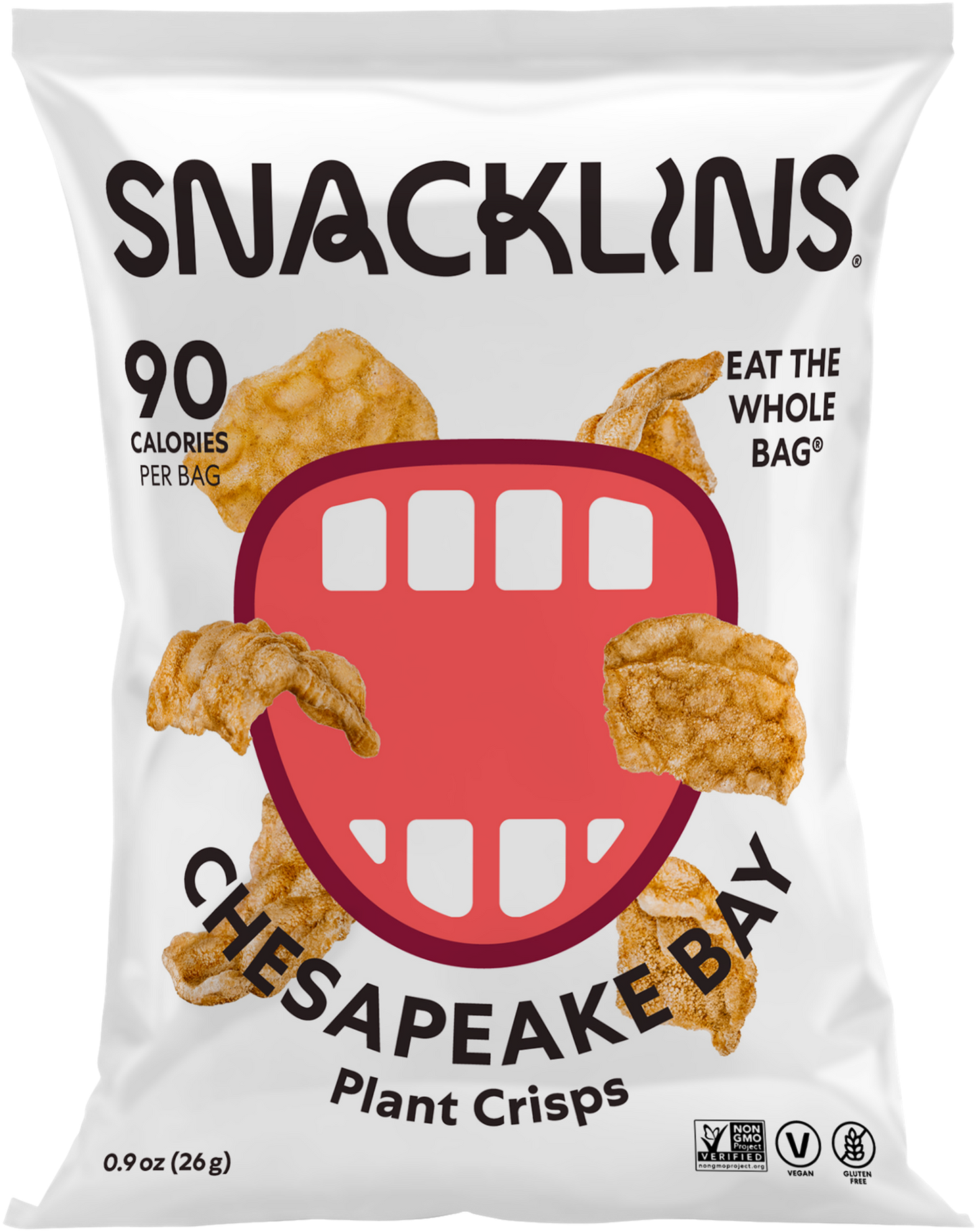 Snacklins Chesapeake Bay flavor in a 0.9 oz pack, isolated on a white background