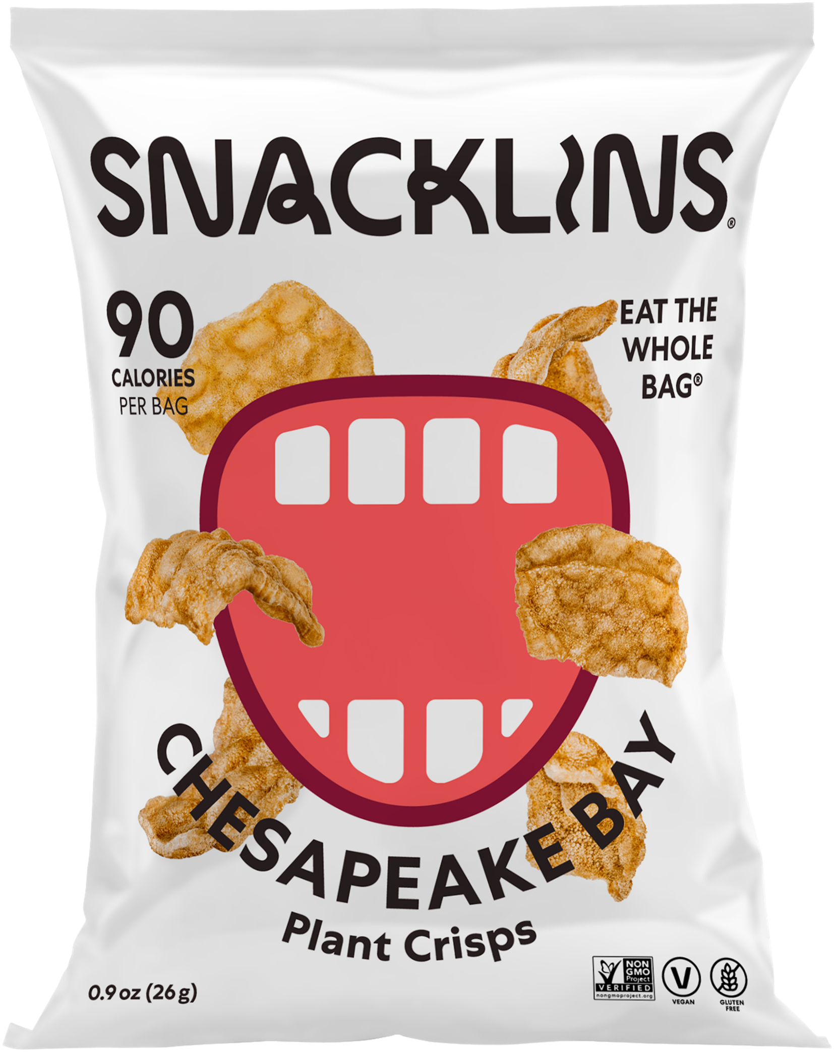 Snacklins Chesapeake Bay flavor in a 0.9 oz pack, isolated on a white background