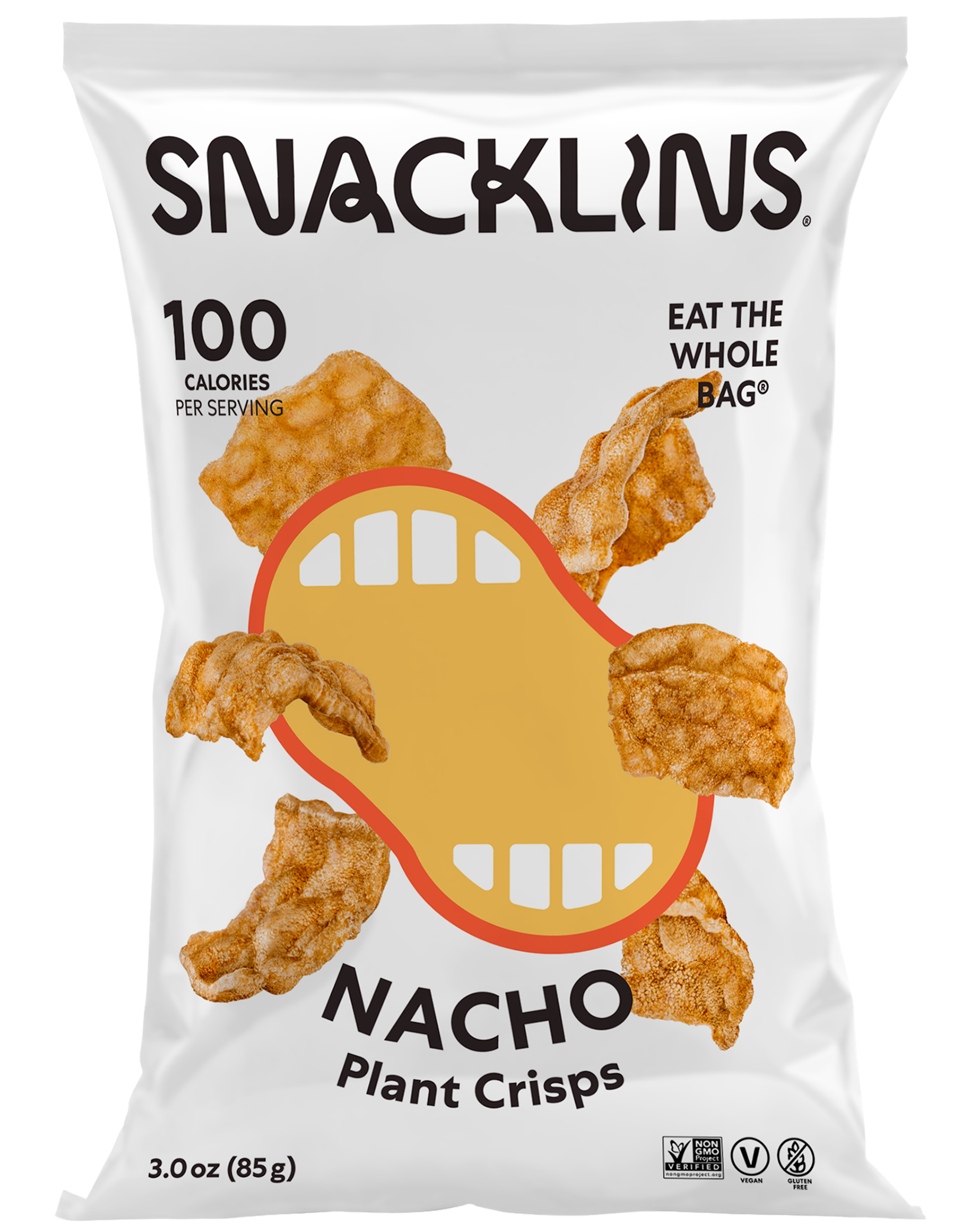 Snacklins Nacho flavor in a 3 oz pack, isolated on a white background