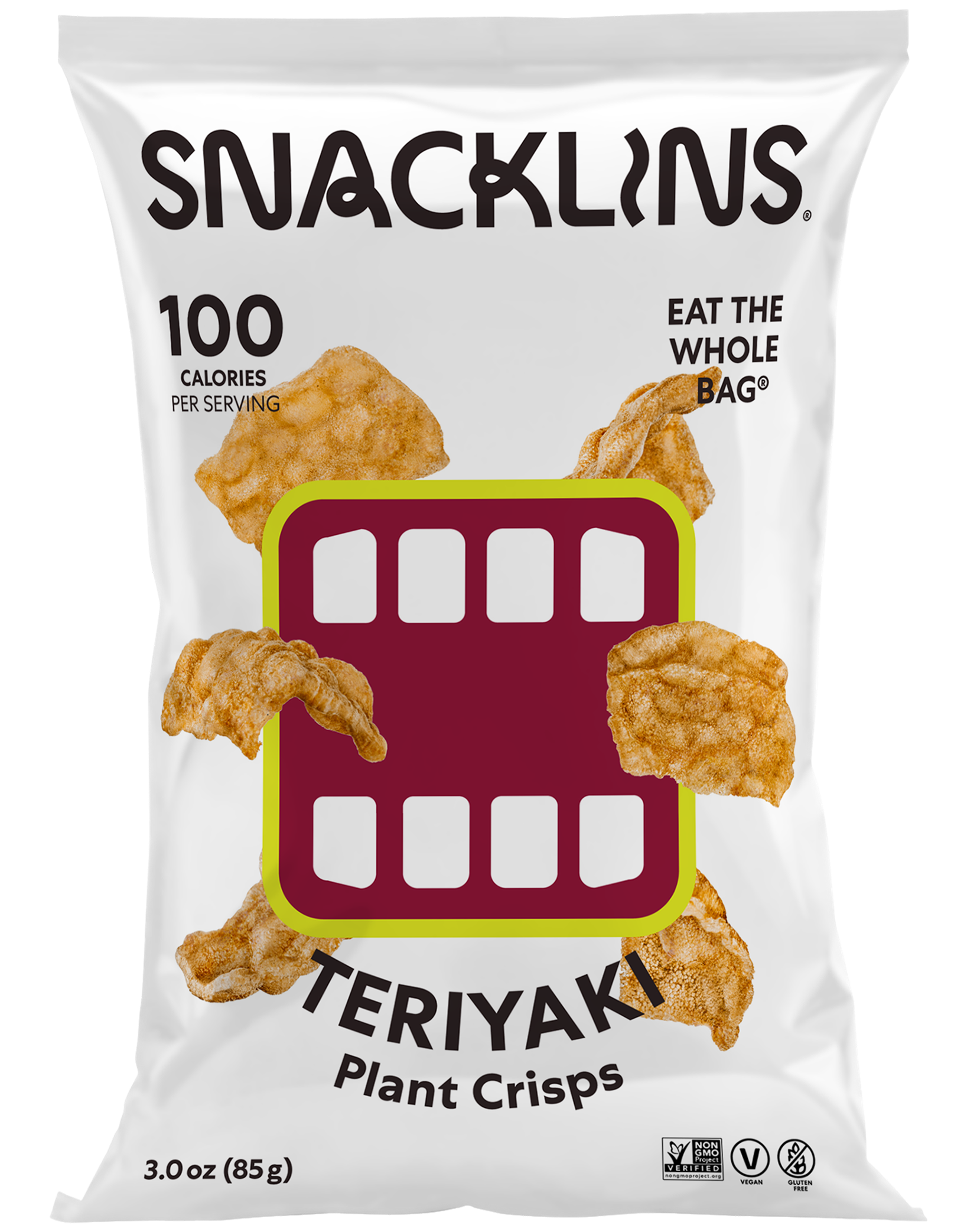 Snacklins Teriyaki flavor in a 3 oz pack, isolated on a white background
