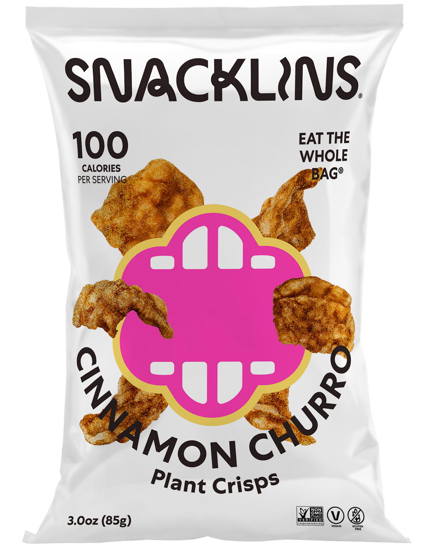 Snacklins Cinnamon Churro flavor in a 3 oz pack, isolated on a white background