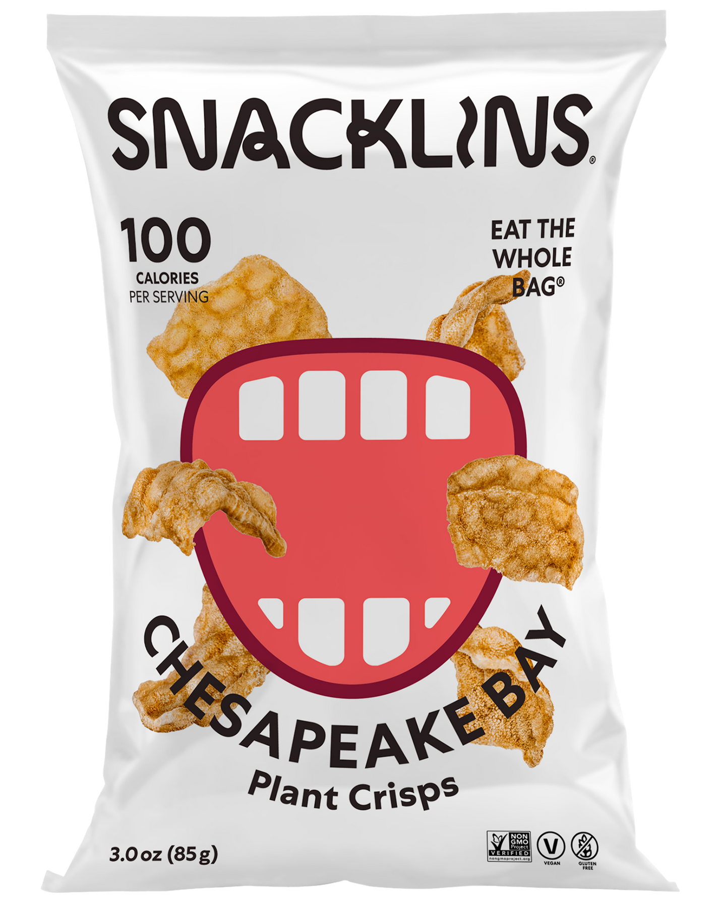 Snacklins Chesapeake Bay flavor in a 3 oz pack, isolated on a white background