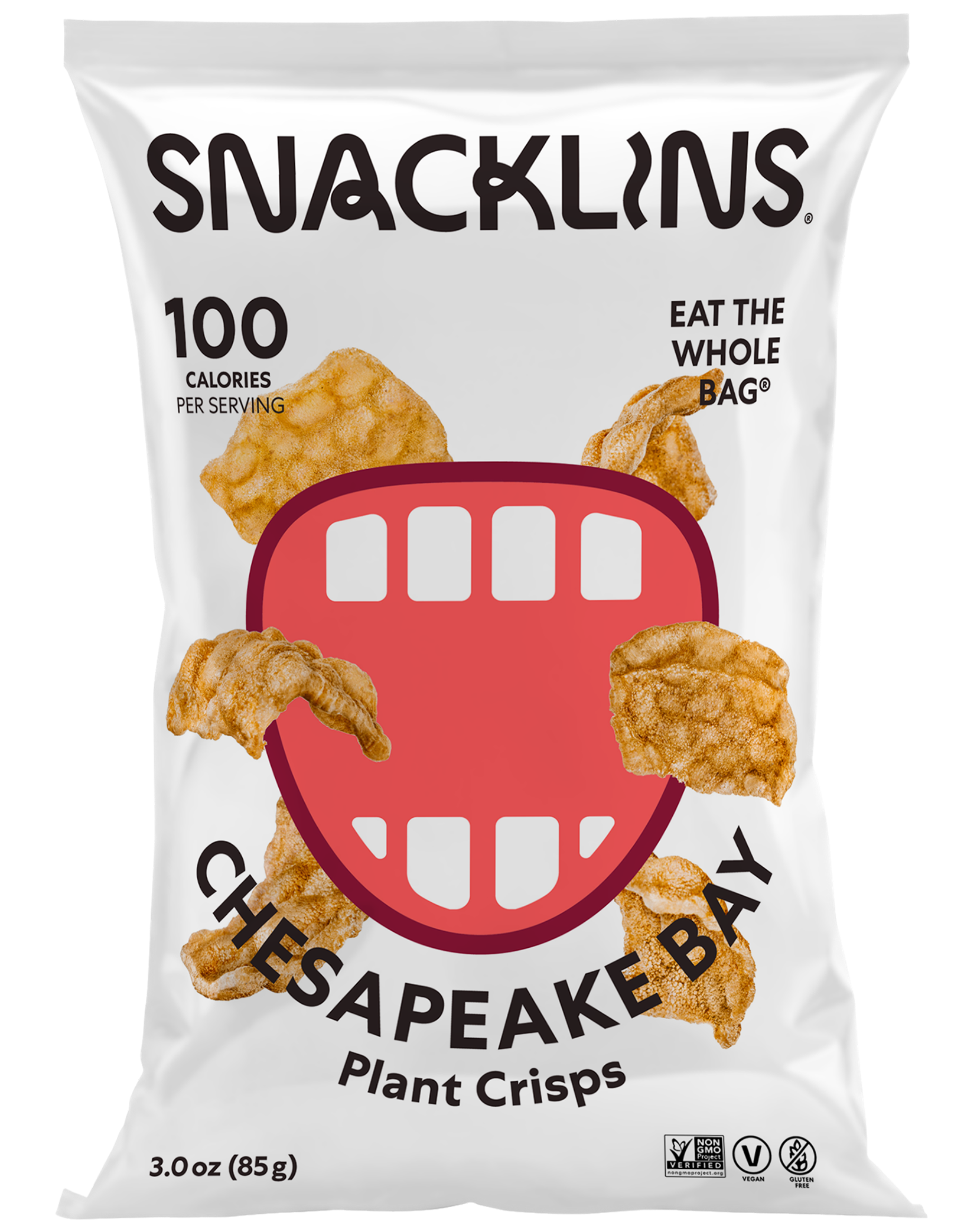 Snacklins Chesapeake Bay flavor in a 3 oz pack, isolated on a white background